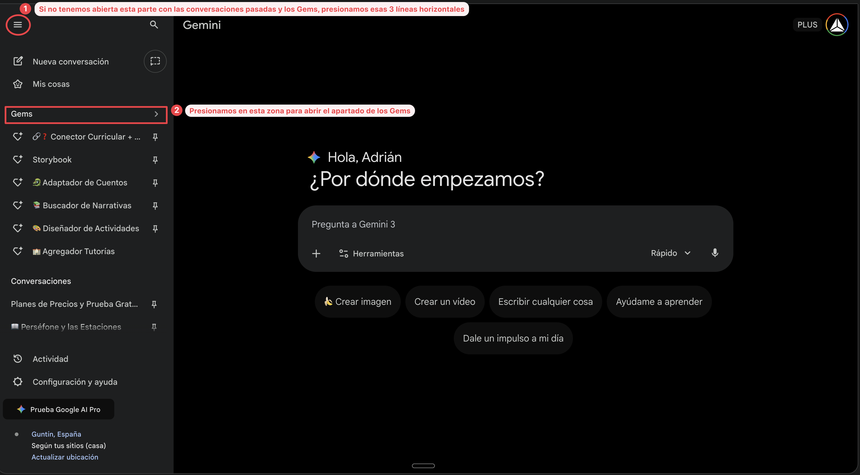 Abrir menú lateral y acceder a Gems