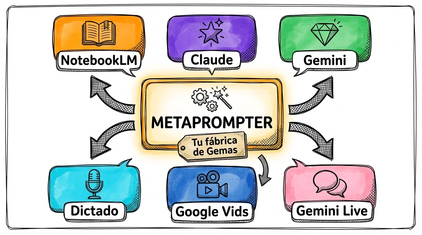 Las 7 herramientas: Metaprompter, NotebookLM, Claude, Gemini, Google Vids, Gemini Live, Dictado
